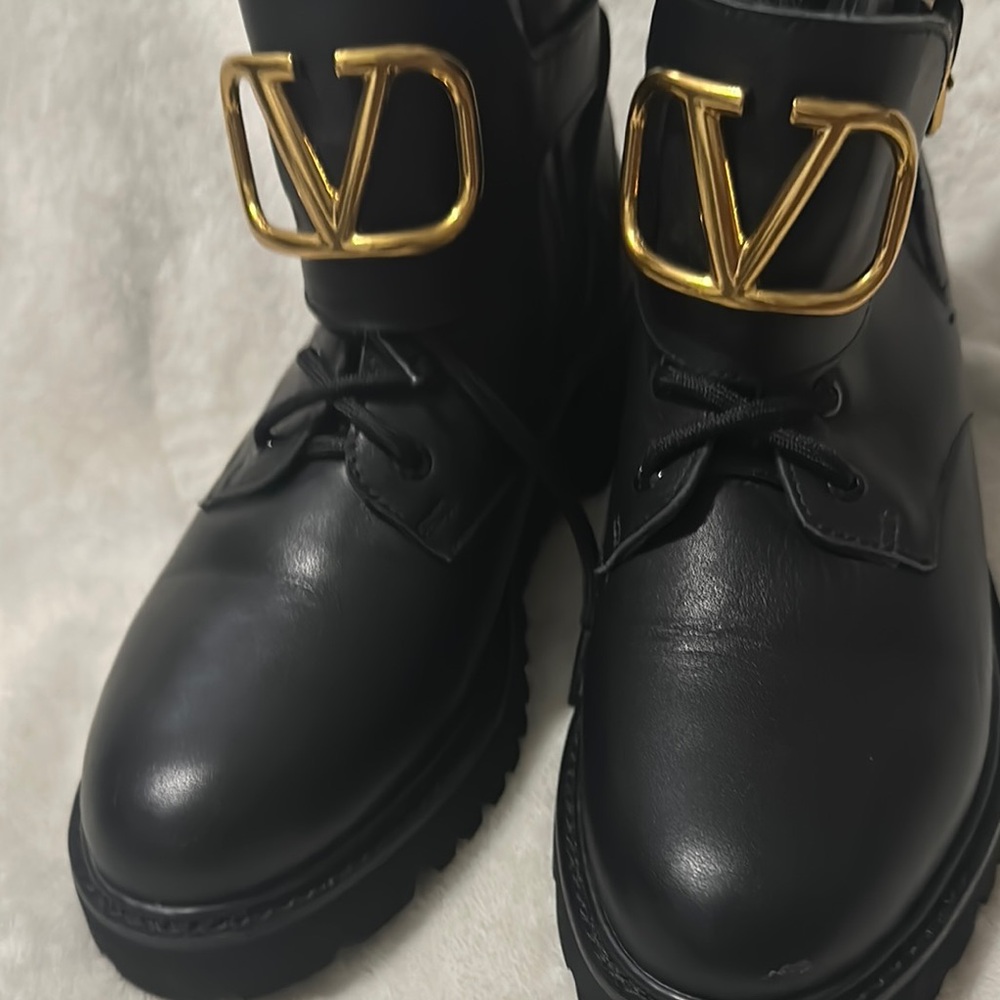 Valentino Black Leather Boots with Gold Logo